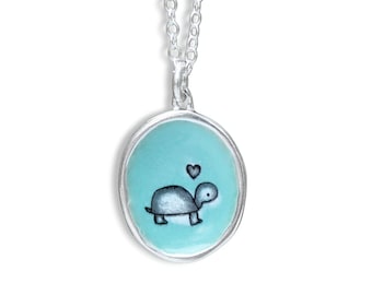Turtle Necklace - Tortoise Necklace - Sterling Silver and Vitreous Enamel Pet Turtle Pendant on Adjustable Sterling Silver Chain