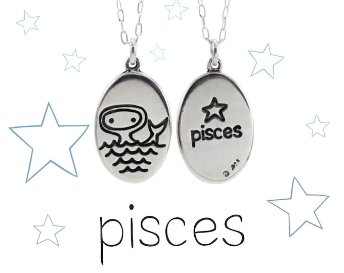 Super Cute Pisces Necklace - Sterling Silver Zodiac Charm - Pisces Medallion Necklace on Adjustable Sterling Chain