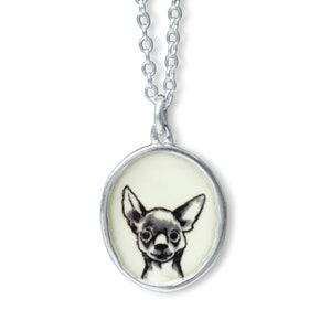 Chihuahua Necklace - Sterling Silver and Enamel Dog Breed Pendant on Adjustable Sterling Chain - Sweet Puppy Portrait - Min Pin Terrier