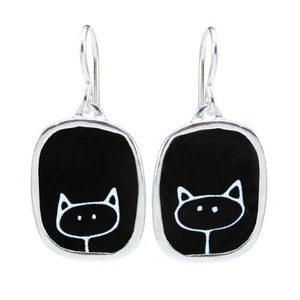 Stick Kitty Earrings - Sterling Silver and Vitreous Enamel Cat Earrings in Black and White