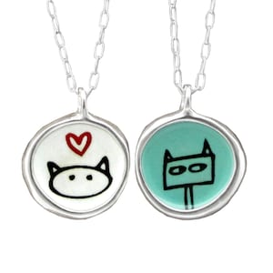 Tiny Cat Necklace - Shifty Cat and Love Cat Pendant on Adjustable Chain - Sterling Silver and Vitreous Enamel Necklace with Cat Drawings