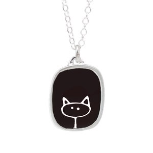Black and White Cat Necklace - Sterling Silver and Vitreous Enamel Stick Kitty Pendant on Adjustable Sterling Chain