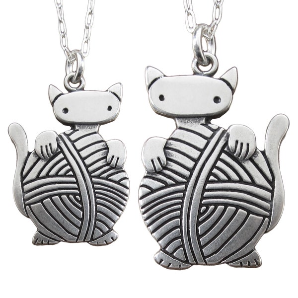 Mother Daughter Knitten Necklace Set - Set of Two Sterling Silver Cat Necklaces - Knitting Cats on Adjustable Chains