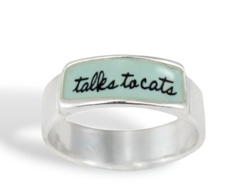 Talks to Cats Band Ring - Sterling Silver and Vitreous Enamel Cat Ring - Ring for Cat Lovers - Cat Jewelry for Men and Women