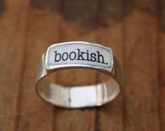 Bookish Band Ring - Sterling Silver and Vitreous Enamel Book Lover Ring - Gifts for Readers and Book Worms - Ring for Men and Women