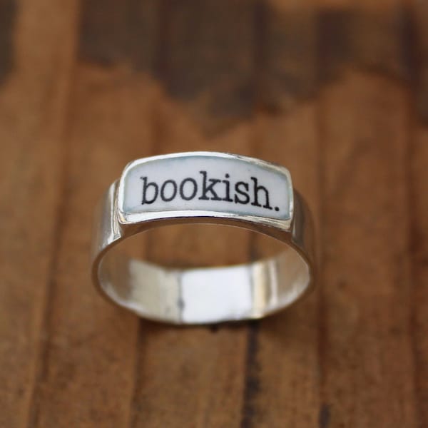 Bookish Band Ring - Sterling Silver and Vitreous Enamel Book Lover Ring - Gifts for Readers and Book Worms - Ring for Men and Women