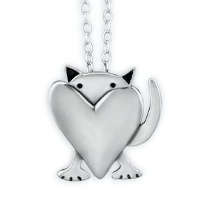 Sterling Silver Peeking Cat Necklace - Cat and Heart Necklace on Adjustable Sterling Chain - Valentine&#39;s Day Necklace for Cat Lovers