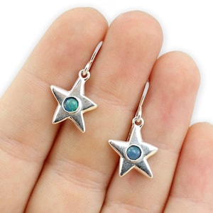 Opal Star Earrings - Sterling Silver and Opal Star Dangle Earrings on French Hook Ear Wires