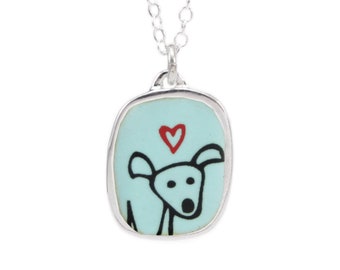 Happy Dog Necklace  -  Sterling Silver and Vitreous Enamel Dog Pendant with Original Drawing on Adjustable Sterling Chain