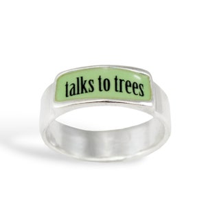 Talks to Trees Band Ring - Sterling Silver and Vitreous Enamel Talks to Trees Ring - Ring for Tree Huggers