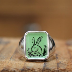 Rabbit Signet Ring - Vintage Style Bunny Ring - Vitreous Enamel and Sterling Silver Rabbit Gift Jewelry sizes 5 through 12