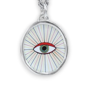 Mens Evil Eye Pendant on Stainless Steel Chain - Vitreous Enamel and Sterling Silver - Protection- Gift