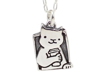 Sterling Silver Coffee Cat Necklace: Handmade Charm on Adjustable Chain