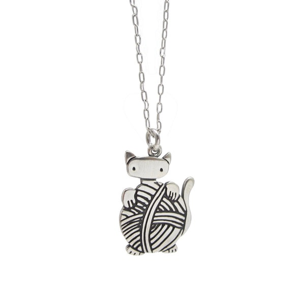 Sterling Knitten Necklace - Silver Silver Knitting Cat Charm Pendant on Adjustable Sterling Chain - Cute Cat Charm for Knitters