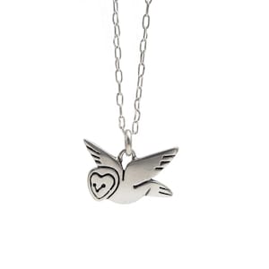 Sterling Barn Owl Charm Necklace - Silver Owl Pendant on Adjustable Silver Chain