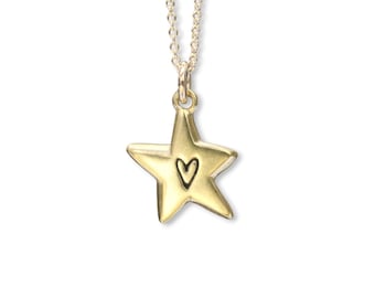 Tiny Gold Star Charm Necklace - Gold Dipped Sterling Silver Star with Heart Pendant on Gold Filled Chain