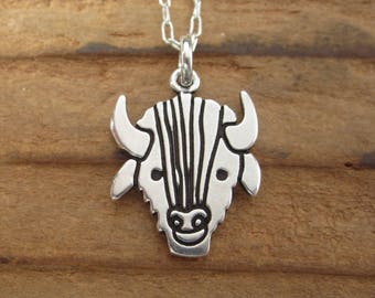 Sterling Silver Buffalo Necklace - Cute Bison Pendant