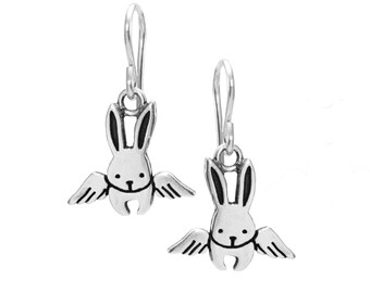 Angel Bunny Earrings - Sterling Silver Flying Rabbit Charm Earrings