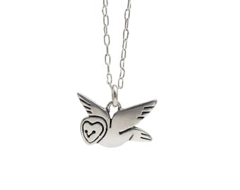 Sterling Barn Owl Charm Necklace - Silver Owl Pendant on Adjustable Silver Chain