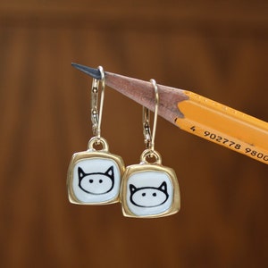 Tiny Gold Love Kitty Earrings - Gold Dipped Sterling Silver Cat Earrings on Gold Filled Lever Back Ear Wires - Cat Jewelry