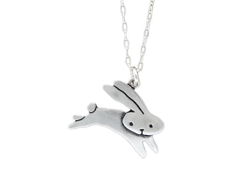 Sterling Rabbit Charm Necklace - Silver Silver Jumping Bunny Pendant - Rabbit Charm on Adjustable Chain