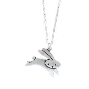 Sterling Rabbit Charm Necklace - Silver Silver Jumping Bunny Pendant - Rabbit Charm on Adjustable Chain