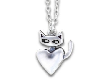 Tiny Sneaky Cat Charm - Small Detailed and Adorable Solid Sterling Silver Cat on a Heart Charm