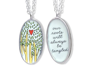 Sterling Silver and Enamel Trees and Roots Pendant with quote "our roots will always be tangled"  Anniversary Friendship Partnership