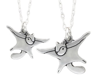 Mother Daughter Flying Squirrel Necklace Set - Set of Two Sterling Silver Flying Squirrel Pendants on Adjustable Sterling Chains