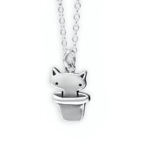 Plant Cat Charm Necklace: Sterling Silver Terra-Cata, Adjustable Chain