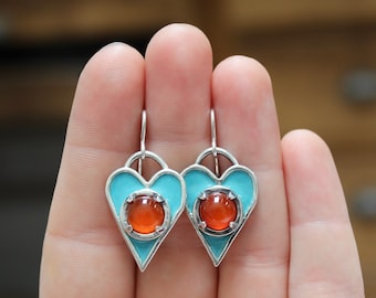 Sterling Silver Blue Enamel with Orange Carnelian Gemstone Heart Earrings - Dangling Heart Earrings