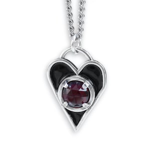 Mens Sterling Silver Black Enamel Garnet Heart Pendant Necklace