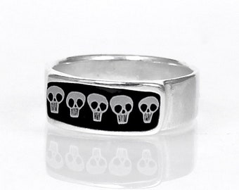 Skull Ring - Sterling Silver and Enamel Band Ring - Black and White Skulls Ring for Men and Women