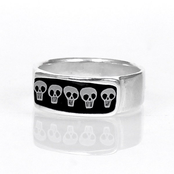 Bague tête de mort - Bague en argent sterling et émail - Bague tête de mort noire et blanche pour homme et femme