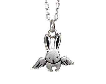 Angel Bunny Charm Necklace - Sterling Silver Flying Rabbit Charm Pendant on Adjustable Chain