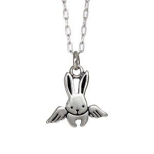 Angel Bunny Charm Necklace - Sterling Silver Flying Rabbit Charm Pendant on Adjustable Chain