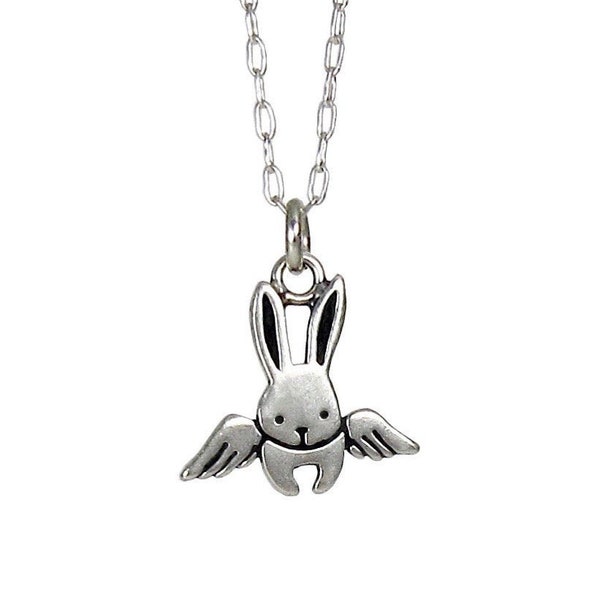 Angel Bunny Charm Necklace - Sterling Silver Flying Rabbit Charm Pendant on Adjustable Chain
