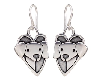 Sterling Silver Dachshund Charm Earrings on 925 French Ear Wires - Dachshund Heart Dangle Earrings