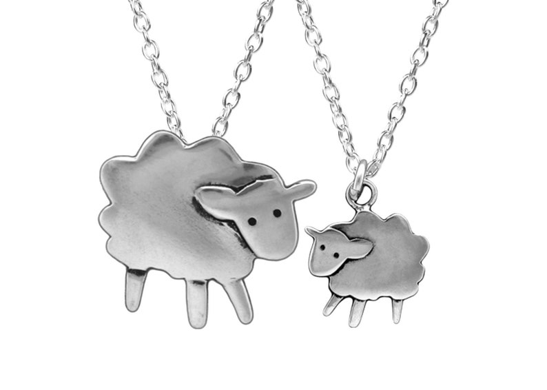 Mother Daughter Sheep Charm Necklace Set Two Sterling Silver Sheep Pendants Lamb Necklace Ewe Necklace on Adjustable Sterling Chains image 1