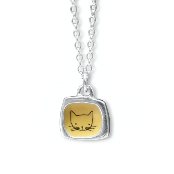 Enamel Orange Cat Necklace: Sterling Silver Charm, Adjustable Chain