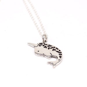 Sterling Silver Narwhal Necklace on 16 18 20 Adjustable Sterling Silver Chain Cute Tusked Whale with Geometric Pattern Charm Necklace image 3