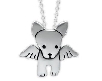 May include: Silver pendant necklace featuring a small dog with wings. The dog is depicted in a simple, stylized design with black outlines.