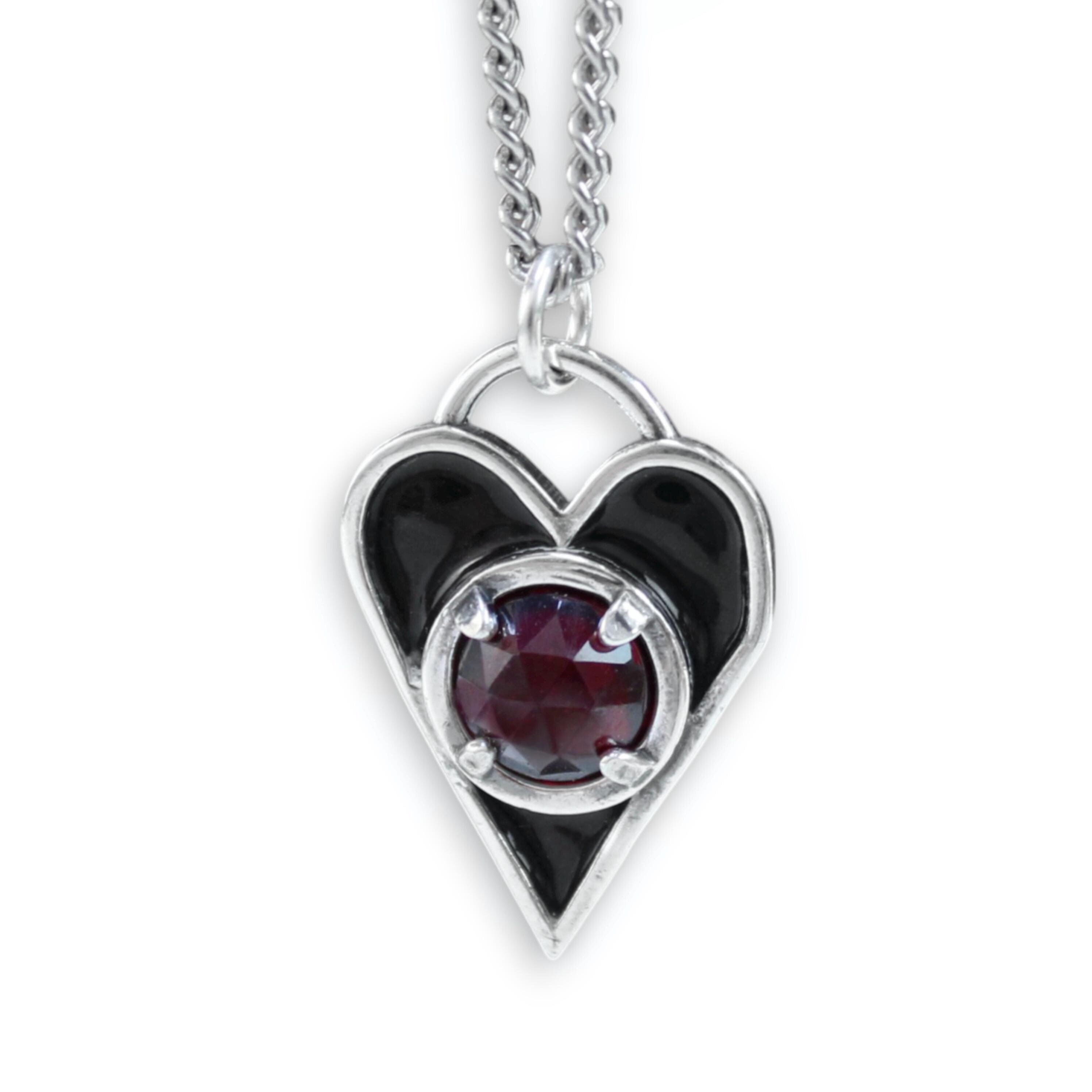 Mens Sterling Silver Black Enamel Garnet Heart Necklace
