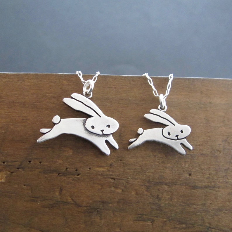 Mother Child Flying Bunny Necklace Set Set of Two Sterling Silver Rabbit Necklaces on Adjustable Chain image 2