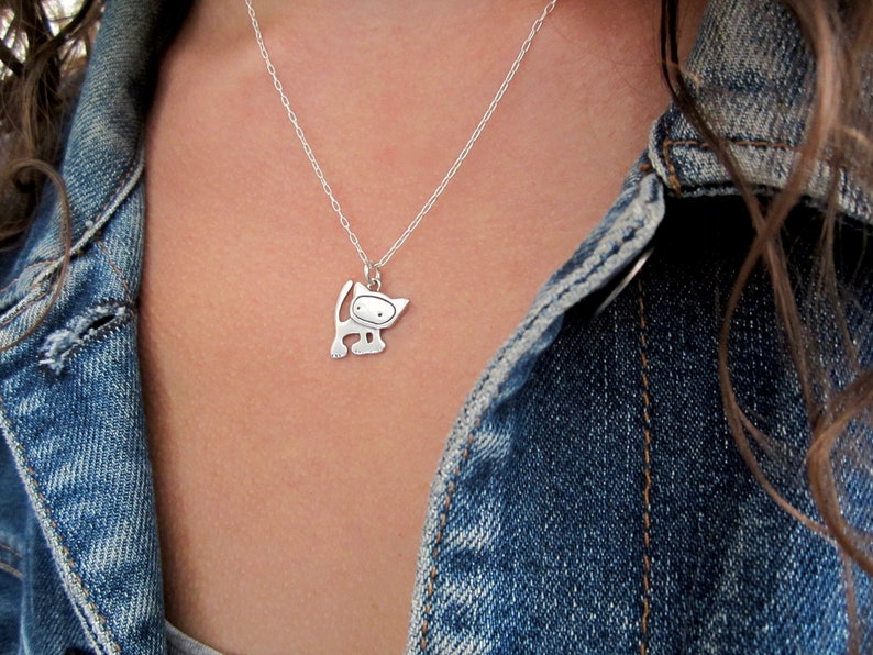 Tiny Punk Kitty Necklace Sterling Silver Cat Pendant Cute Cat Charm on Adjustable Chain image 5