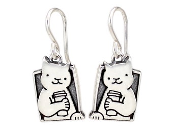 Coffee Cat Earrings - Sterling Silver Charm Earrings - Business Cat Gift