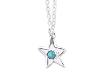 Opal Star Necklace - Sterling Silver and Opal Star Charm - Star Pendant with Gemstone on Adjustable Sterling Silver Chain