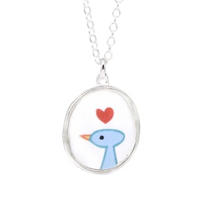Bird Necklace - Sterling Silver and Vitreous Enamel Bluebird Pendant- Lovebird Jewelry on Adjustable Sterling Chain
