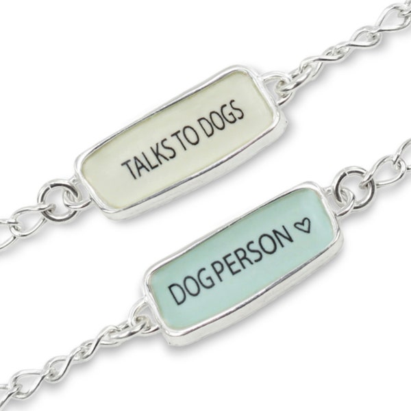 Sterling Silber Wendbares "Dog Person" und "Talks to Dogs" Armband - Verstellbare 20 cm Kette - Stapelbares Hundearmband