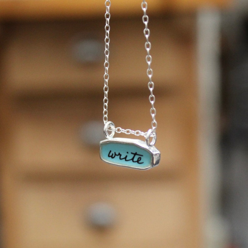 Reversible Write / Create Necklace Sterling Silver and Enamel Writers Bar Pendant on Adjustable Chain Gift for Authors Writers Poets image 6